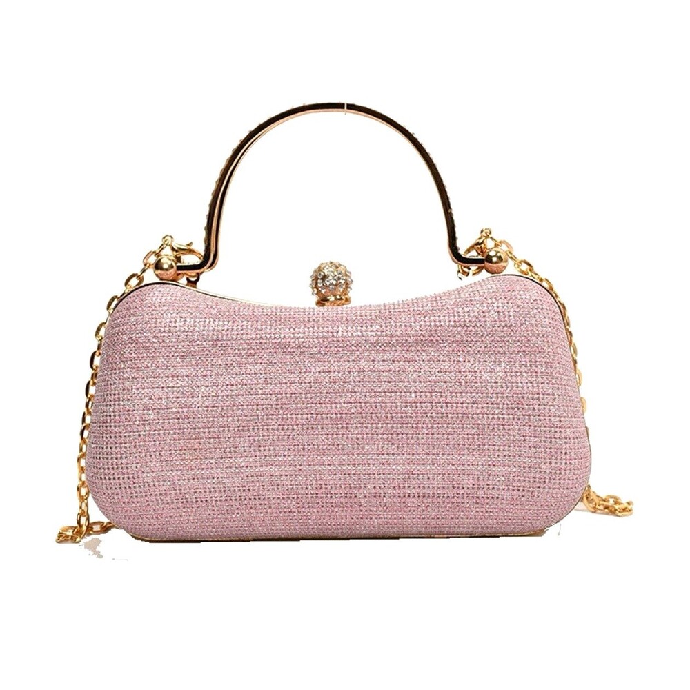 Pink Gold Glitter Rhinestone Evening Clutch Bag Chain Strap Formal Purse NEW